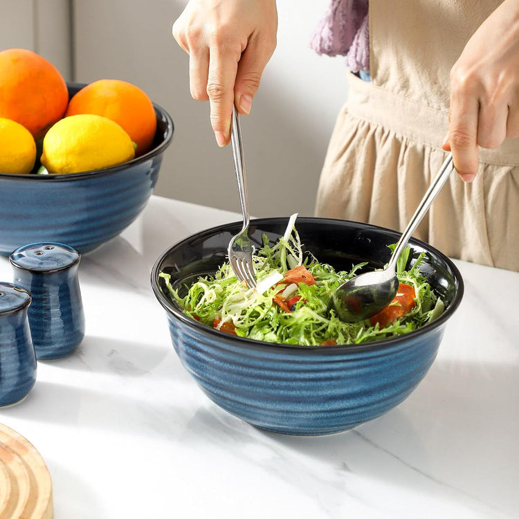 MEKY 65oz Ceramic Mixing Bowls Set of 2, Deep Large Ribbed Serving Bowls for Salad, Pasta, Ramen, Soup, Durable Kitchen Bowl Set, Microwave Oven Dishwasher Safe Porcelain,Blue