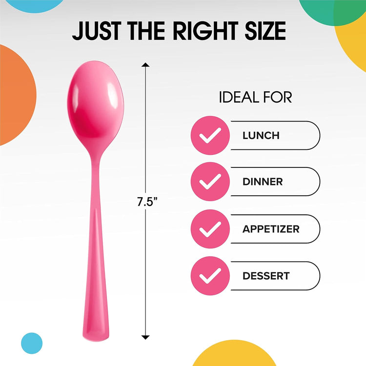 Party Solids Disposable Hot Pink Plastic Spoons 200 Pcs - Heavy Duty Hot Pink Plastic Disposable Cutlery