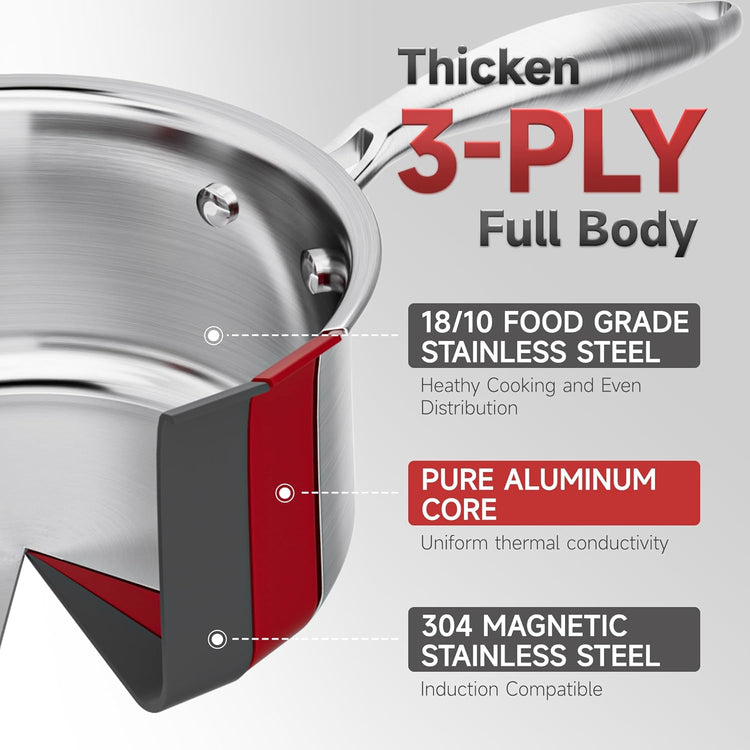 2.5 Quart Stainless Steel Saucepan with Steamer Basket, Tri-ply Full Body, Multipurpose Sauce Pot with Two-Size Drainage Holes Lid, Perfect For Boiling Gravies, Pasta, Noodles