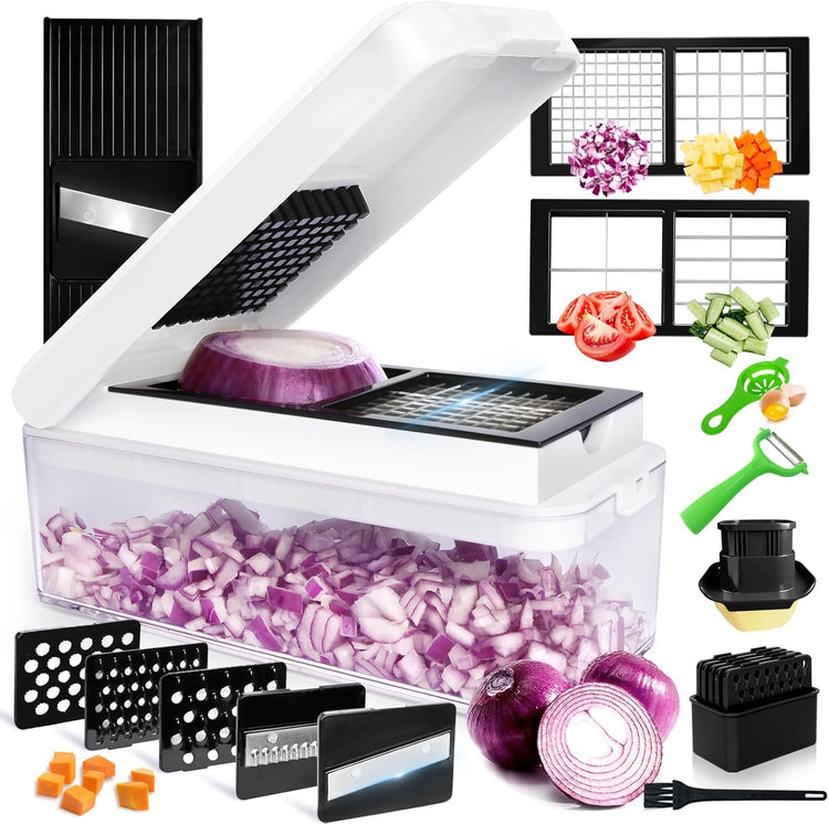 Vegetable Chopper, Onion Chopper Dicer, Mandoline Slicer, Food Chopper with Container, Vegetable Cutter for Salad Potato Carrot Garlic(9 Blades, White Black)
