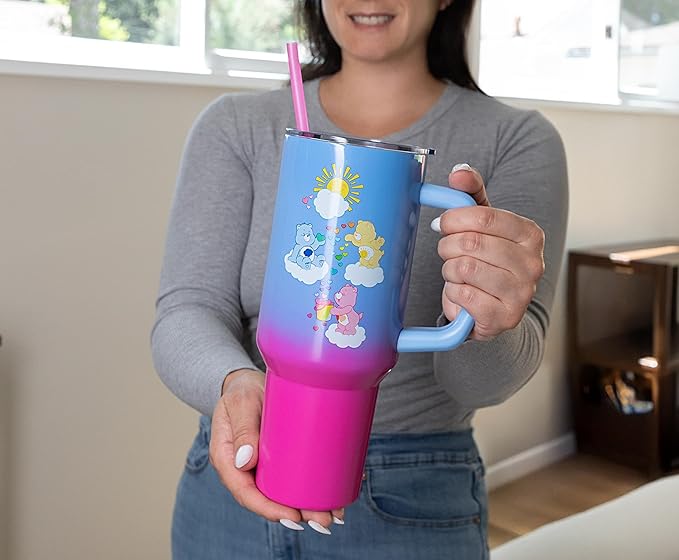 Silver Buffalo Care Bears Featuring Grumpy Bear, Funshine, and Love-A-Lot Bear Heart Showers Ombre Double Walled Stainless Steel Tumbler with Handle and Straw, Fits in Standard Cup Holder, 40 Ounces