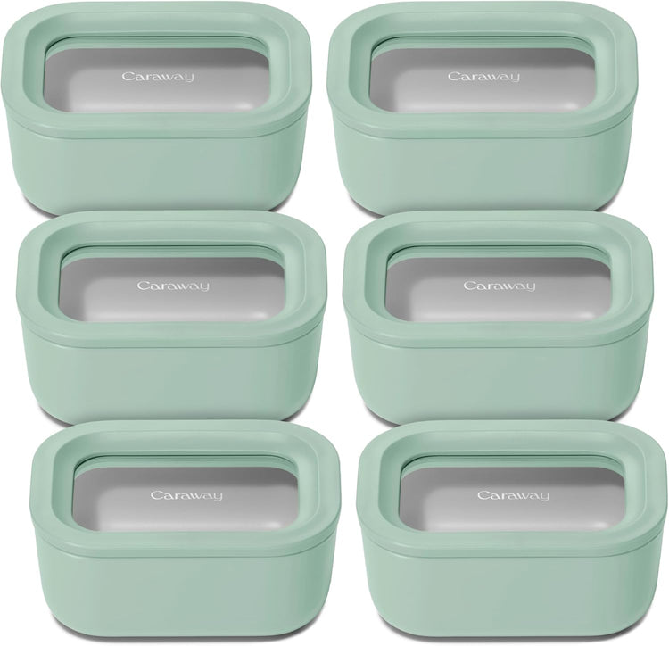 Caraway 6pc Glass Food Storage Set - 2.6 Cup Storage Containers For Food (6) - Non-Toxic Ceramic-Coated Glass - Air Release Technology - Compact & Stackable Design - Mist