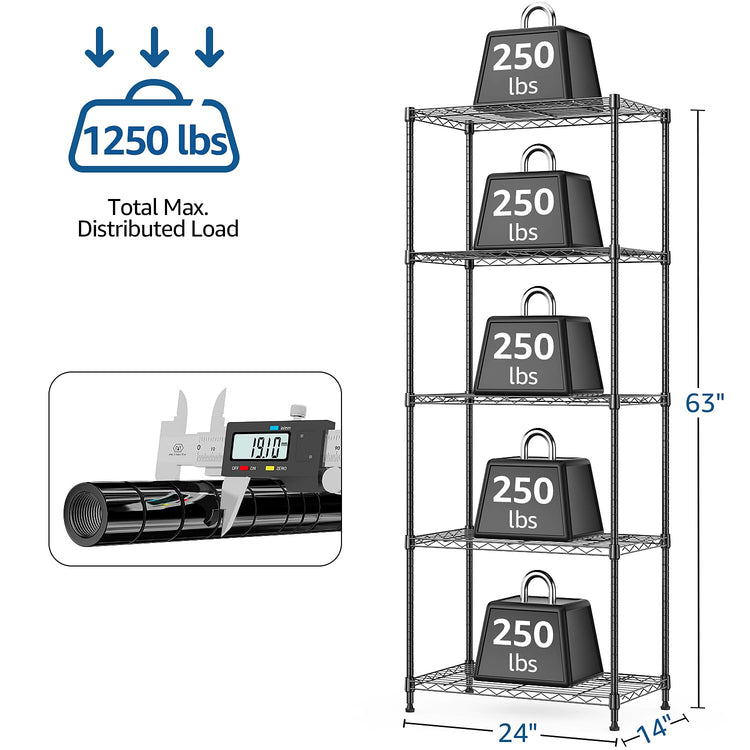 1250 lbs 5 Tier Shelf Metal Storage Shelves Wire Rack Closet Organizers with Wheel for Garage Kitchen Bathroom Laundry Black 13.7" D x 23.6" W x 62.4" H (5 Count)