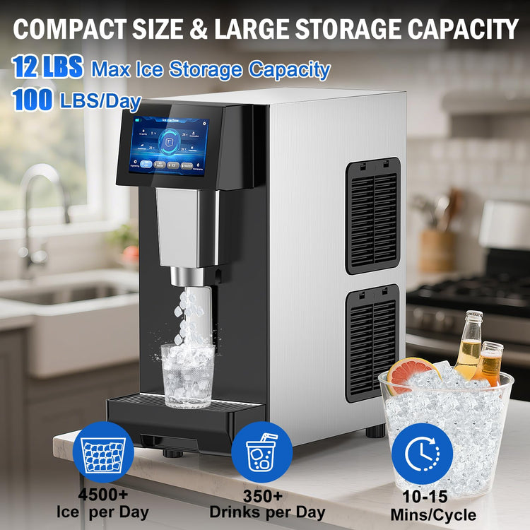 100 lbs Countertop Nugget Ice Maker Commercial with Water Dispenser