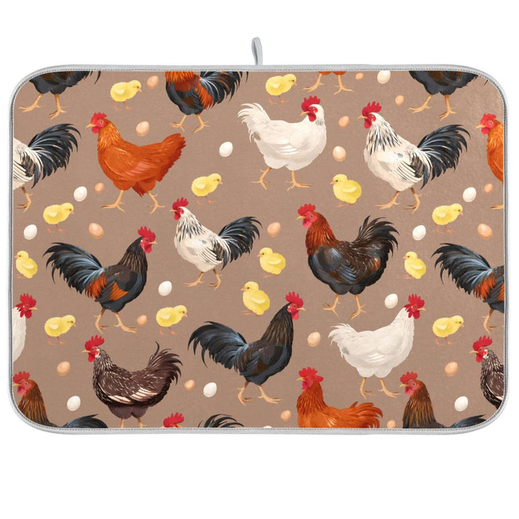 Colorful Hens Roosters Dish Drying Mat for Kitchen Counter Absorbent Microfiber Drying Pad