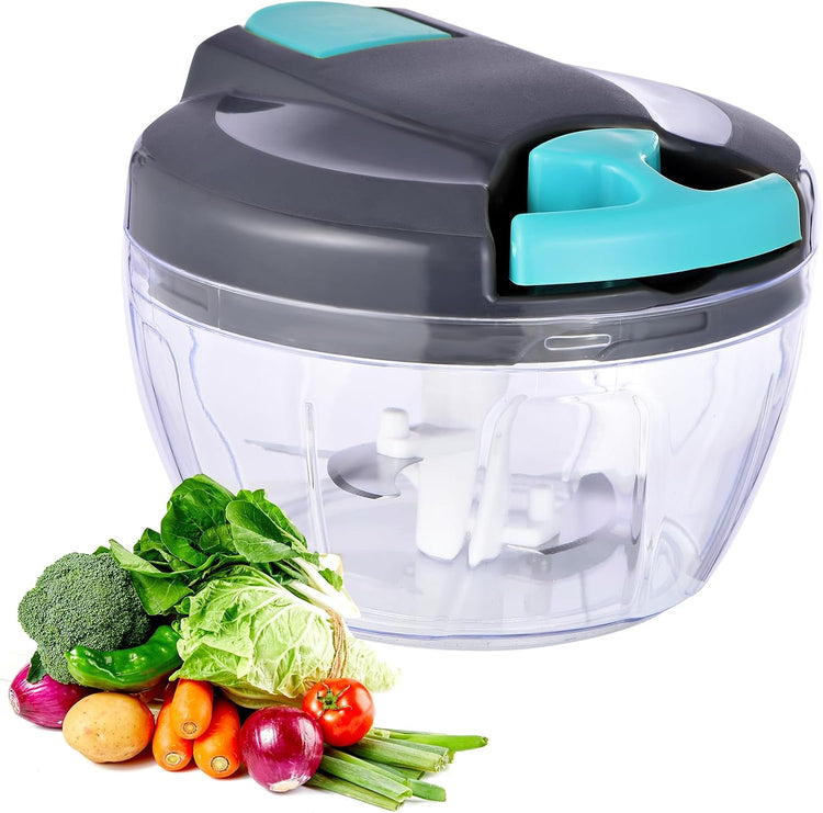 Manual Food Processor Vegetable Chopper, Portable Hand Pull String Garlic Mincer Onion Cutter for Veggies, Ginger, Fruits, Nuts, Herbs, etc., 500ml,(Gray-blue)