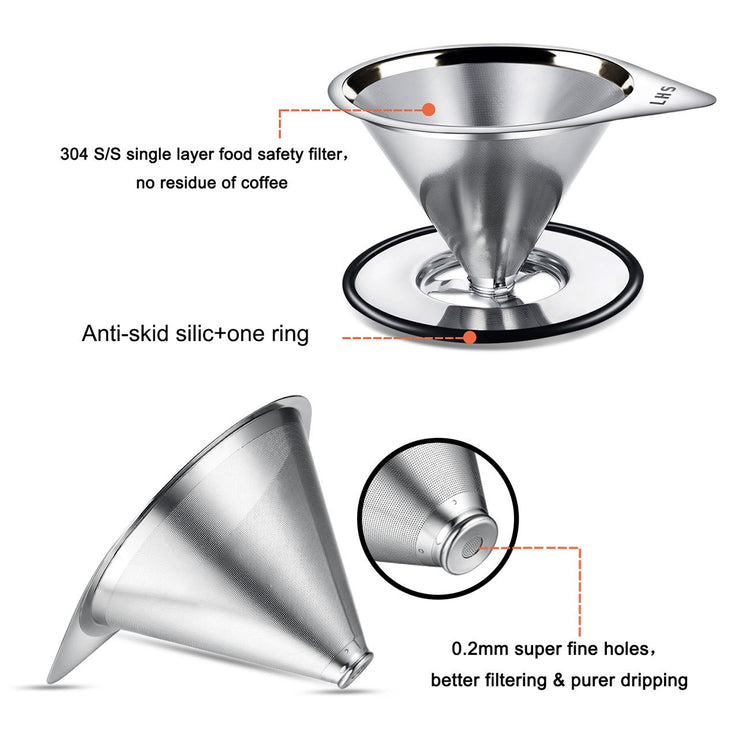 Pour Over Coffee Dripper Stainless Steel Coffee Filter Metal Cone Filter Paperless Reusable Coffee Filter Single Cup Coffee Maker 1