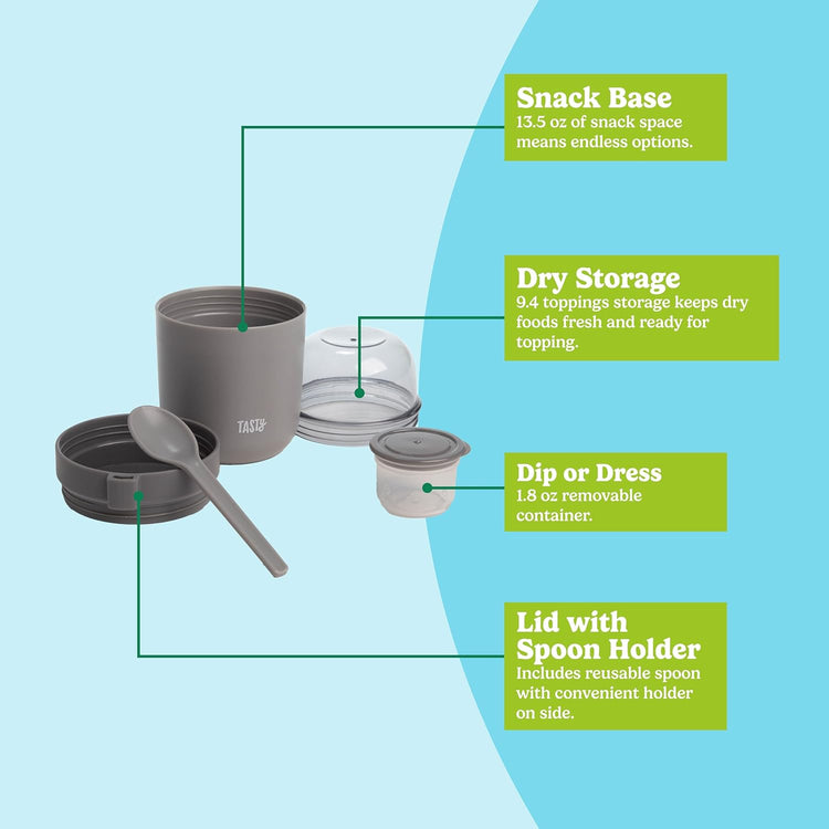 Tasty Travel Snack Cups with Spoons, On-The-Go Snacking, Divided Compartments, Great for Nuts, Cereal, Granola, Yogurt and More, Made Without BPA, 2-Pack, Gray