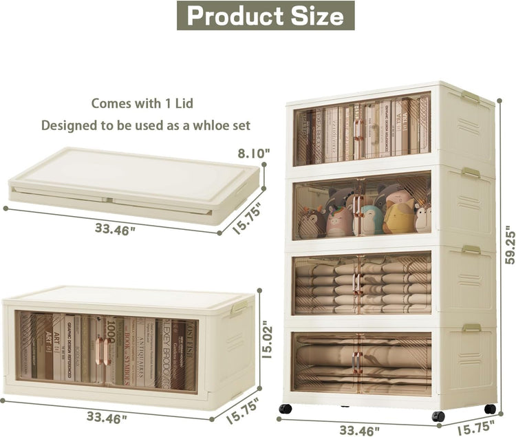 KHNR 4Packs Stackable Storage Bins with Lid, 36 Gal Closet Organizer and Storaging Drawer, Collapsible Storage Box with Wheels, Plastic Clothes Storage Cabinet Containers for Home and Office