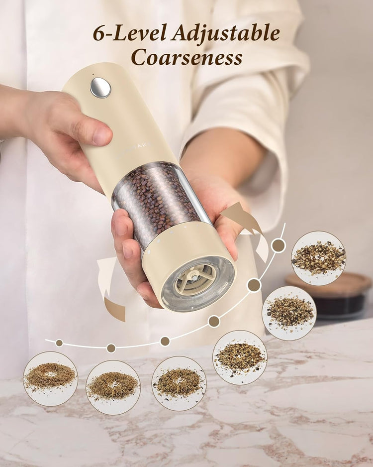 Electric Salt and Pepper Grinder Set - Automatic Refillable Salt and Pepper Grinders with Charging Base & LED Light, 6-Level Adjustable Coarseness with External Dial, Ideal Kitchen Gadget๏ผBeige