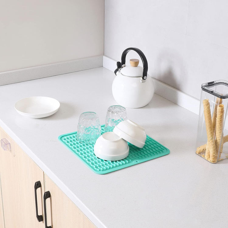 Silicone Dish Drying Mat for Multiple Usage,Easy clean,Eco-friendly,Heat-resistant Silicone Mat for Kitchen Counter or Sink,Refrigerator or Drawer liner Mint M 12 inches x 12 inches