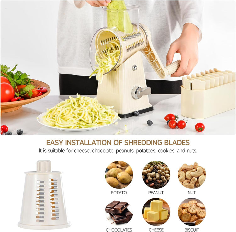Xilrvna Rotary Cheese Grater, Vegetable Shredder 5 in 1 Cheese Grater with Handle edder Reinforced Suction,Easy to Clean,Kitchen Chopper for Crushed Ice,Fruits and Nuts with Blade Storage Case(white)