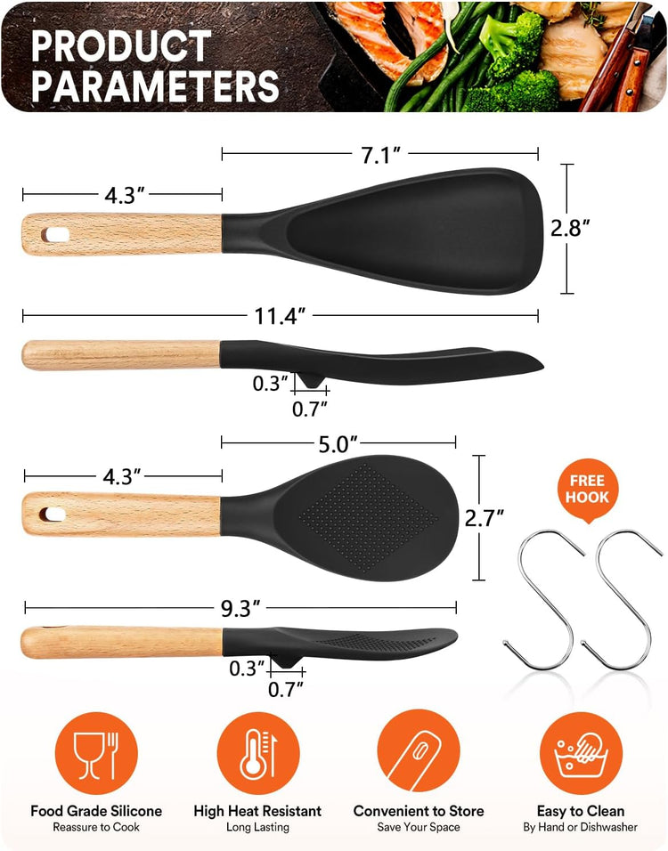 Cooking Spoon and Rice Scooper for Nonstick Cookwares, Great for Cooking and Serving Sturdy BPA-Free Matte Silicone, Wood Handle Spoon for Mixing, Scoop, and Scrape (Black) - Nestoria