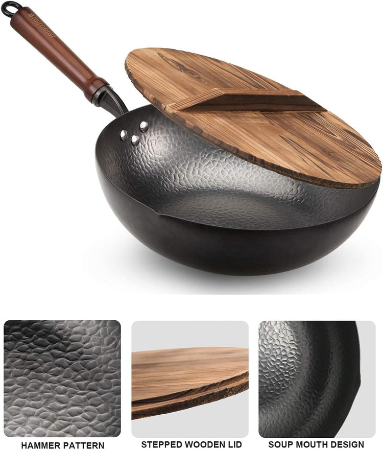 Wok Pan 12.5", Woks and Stir Fry Pans with lid, Carbon Steel Wok with Cookware Accessories, Flat Bottom Suits for all Stoves