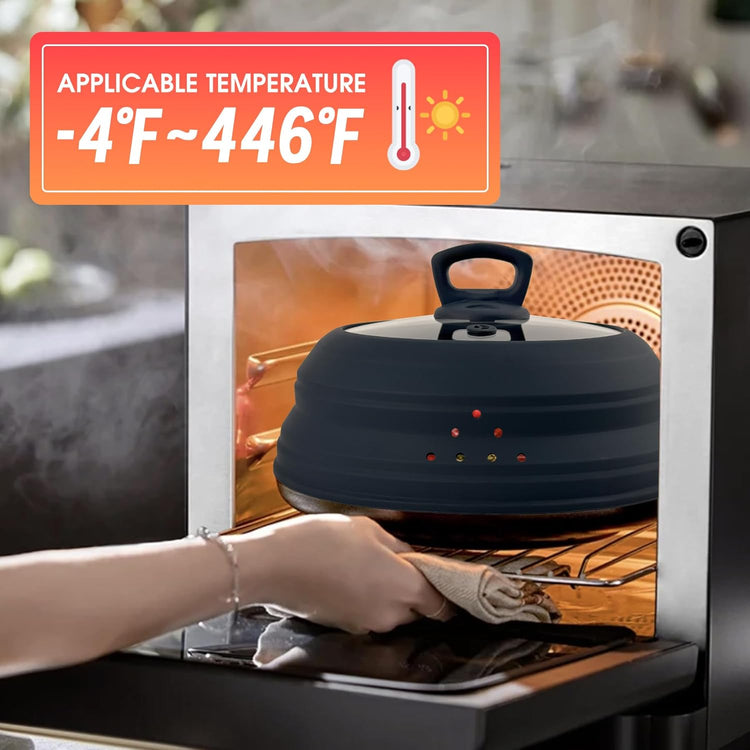 Microwave Splatter Cover Collapsible Silicone & Tempered Glass 10.8 Inch Microwave Cover for Food Splatter Guard with Steam Vents Dishwasher Safe Fits Bowls, Plates & Pots (Gray)