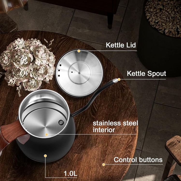 SEEDEEM Gooseneck Electric Kettle Full Touch Screen 1200W Electric Tea & Coffee Kettle with Four Heating Modes Rapid Heating,±1℉ Temperature Control,Keep Warm Mode,1L Electric kettle