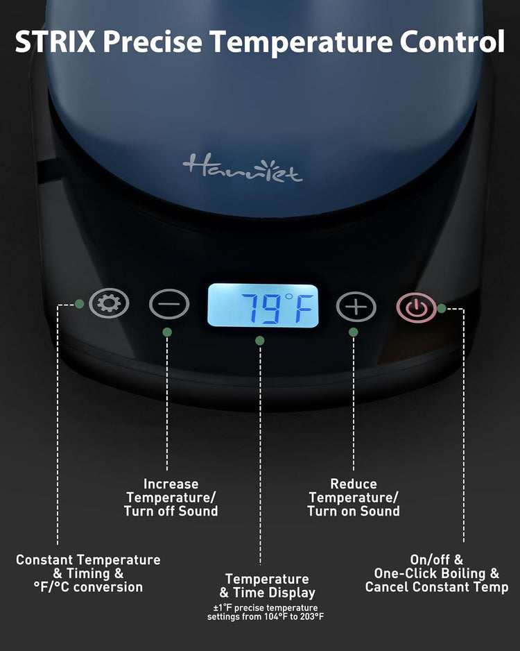 Harriet Gooseneck Electric Kettle - 1200W Fast Heat, 0.8L Stainless Steel, Precision Temp Control & Timer, Wood Handle, Pour Over Coffee and Tea, Blue