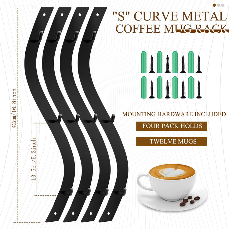 4 Pack Coffee Mug Wall Rack Mounted with 12 Hooks S Curve Metal Coffee Cup Rack Wall Hanging Holder for Bar Kitchen Corner Station Decor Display (4 Count)