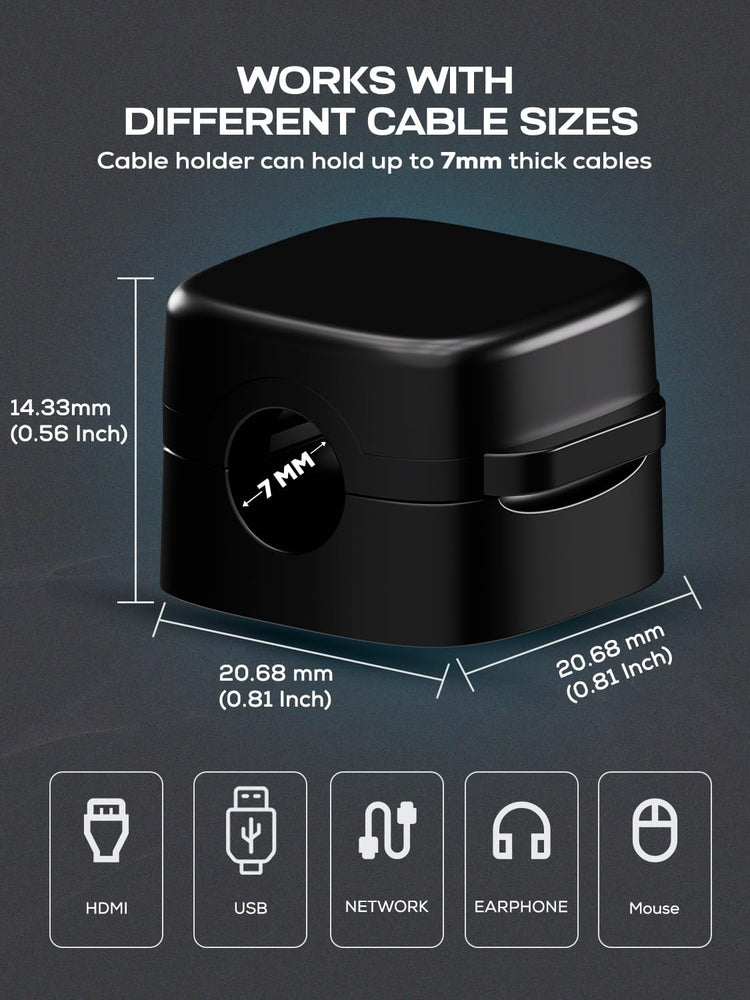 6-Pack Magnetic Cord Holder, Cord Holder with Strong Magnetic Lid, Holds Cables Firmly, 7 mm Charger Holder & HDMI Cord Organizer Clips, Strong Adhesive Pad (Black)