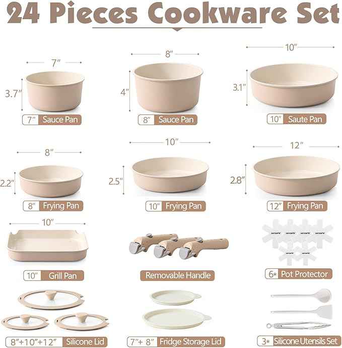 SENSARTE 24 Piece Ceramic Pots and Pans Set, Nonstick Detachable Handle Cookware, Induction Cookware Set with Removable Handle, Healthy Non Stick for RV, Dishwasher&Oven Safe, PFOA Free (Almond Beige)