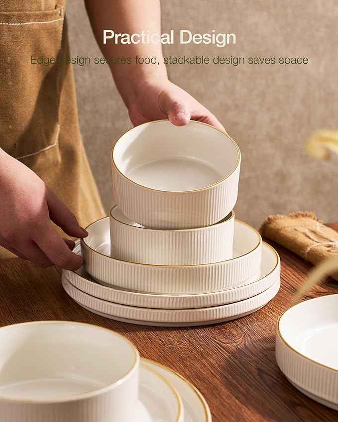 Famiware Star Dinnerware Set with Mugs, Service for 4 (16pcs), Ribbed Stoneware Plates and Bowls Dishes Sets with Trim - Chip & Scratch Resistant, Microwave & Dishwasher Safe, White
