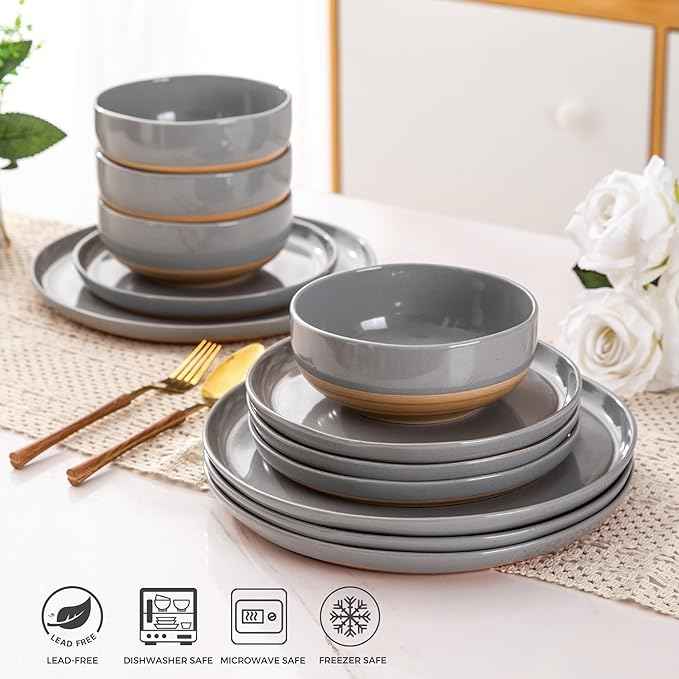 AmorArc Ceramic Dinnerware Sets for 8, 24 Pieces Handpainted Plates and Bowls Set with Rustic Terracotta Underside, Scratch Resistant Stoneware Dishes Set, Dishwasher & Microwave Safe