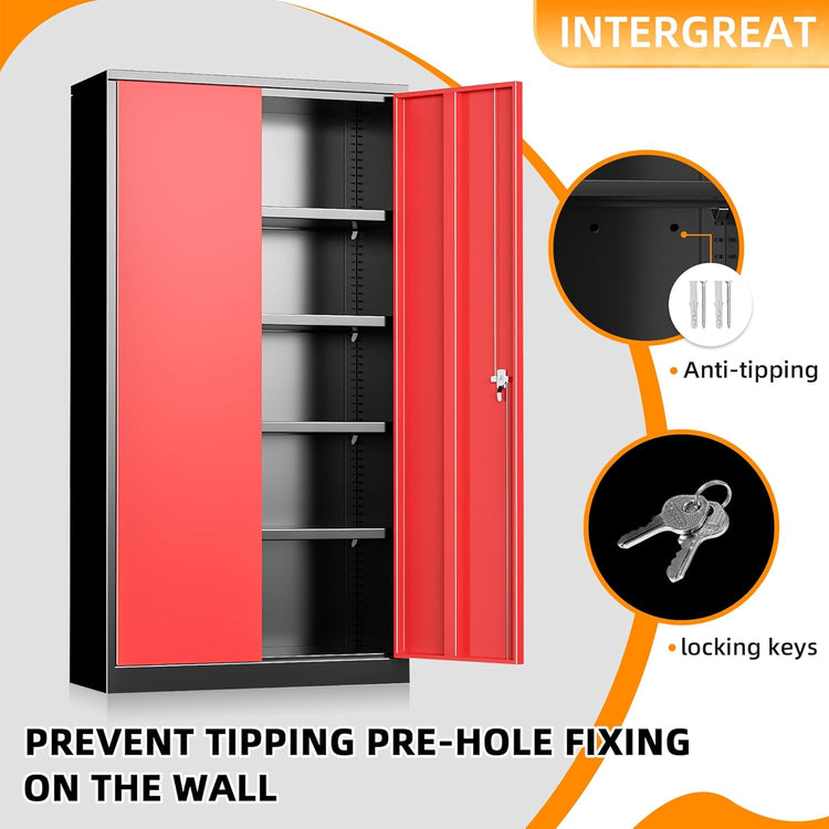 INTERGREAT Metal Storage Cabinets 72” Black Red Garage Steel Storage Cabinet with Doors and Shelves, Steel File Cabinet for Home Office, Basement, Warehouse, Classroom(Anti Tipping)
