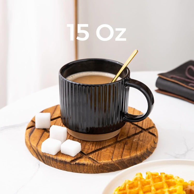 GBHOME 15OZ Stackable Coffee Mugs, Ceramic Coffee Mugs with Texture Patterns for Man,Woman,Dad,Mom, Modern Coffee Cups Set of 4 for Latte/Cappuccino/Cocoa. Dishwasher&Microwave Safe,Black
