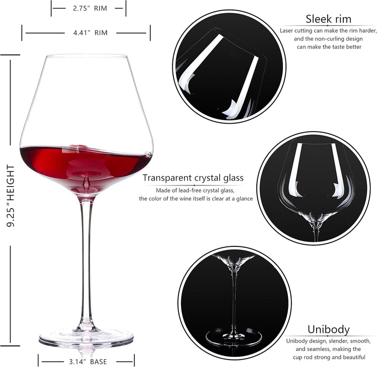 Hand Blown Red Wine Glasses Set of 4 – 23 oz Burgundy Wine Glasses With Long Stem – Large Premium Crystal Wine Glass – Unique Gift for Wedding, Anniversary, Mother’s Day – Clear
