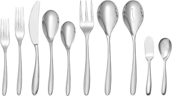 nambe Bend 45 Piece Flatware Set, 18/10 Mirror Stainless Steel Silverware Cutlery Set, Designed for Home Kitchens, Hotel, or Restaurants, Service for 5 and a 3pc Serving Utensil Set, Dishwasher Safe