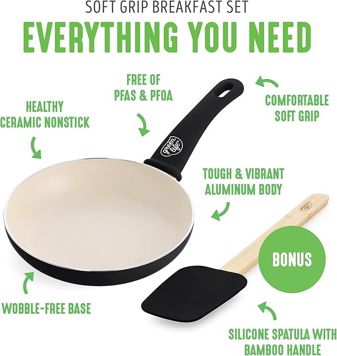 GreenLife Soft Grip 8” Frypan Skillet and Spatula Breakfast Cookware Set, PFAS-Free Ceramic Nonstick, Silicon Spatula with Bamboo Handle, Egg Omelette Bacon, Dishwasher Safe, Stay-Cool Handles, Black