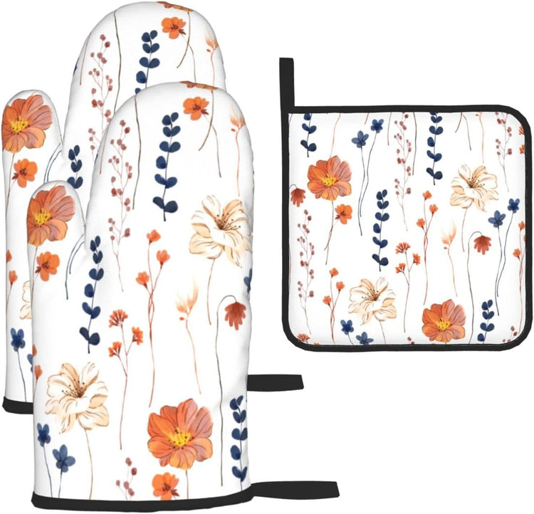Watercolor Orange Floral Oven Mitts and Pot Holders Set Heat Resistant Non Slip Set of 3 Navy Blue and Orange Flower Decorative Kitchen Gloves Hot Pads for Cooking BBQ Baking Grilling