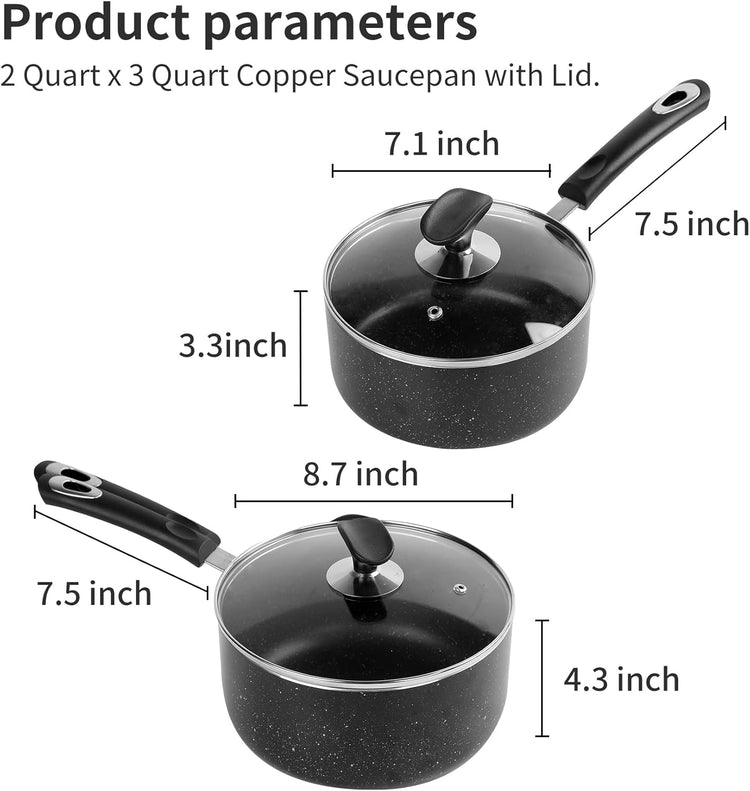 Nonstick Saucepan Set with Lid, Non Stick 2Qt & 3Qt Sauce Pan Set with Glass Lid Small Pot for Home Kitchen