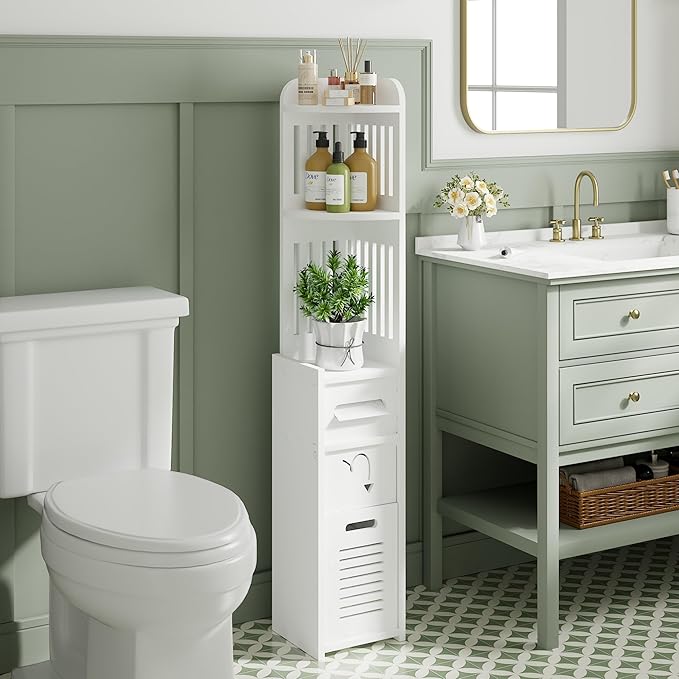 VECELO Bathroom Cabinet Corner Shelf, with Cabinet for Bathroom Narrow Space,Small Storage Organizer with Toilet Paper Roll in Restroom Waterproof Lightweight,White