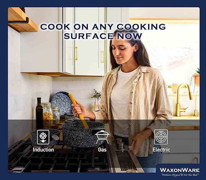 Waxonware 7pc Nonstick Cookware Set, Granite Pots and Pans Set Nonstick - Dishwasher Safe and 100% PFOA & PTFE Free - Kitchen Pot and pan set - Stonetec Series