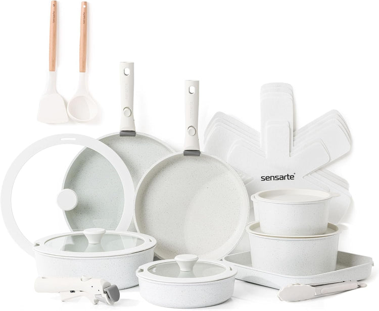 SENSARTE 24 Piece Pots and Pans Set, Nonstick Detachable Handle Cookware, Induction Kitchen Cookware Set with Removable Handle, Healthy Non Stick for RV, Dishwasher & Oven Safe (White)