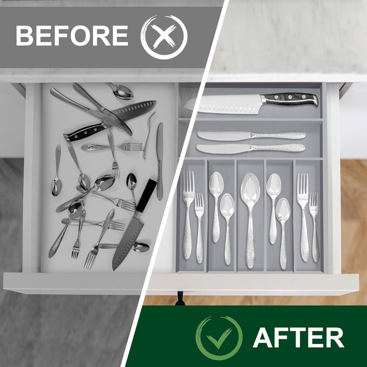 Bellsal Grey Utensil Organizer 12.5 Inch Silverware Tray for Drawer Utensil Holder Cutlery Organizer Kitchen Drawer Organizer 7 Compartment Small Narrow Bamboo