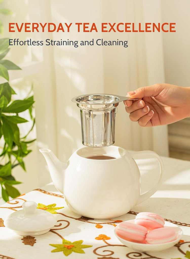 Sweese Teapots for Tea, 27 oz Porcelain Tea pot with Removable Stainless Steel Infuser, Tea Pots for Loose Tea - White