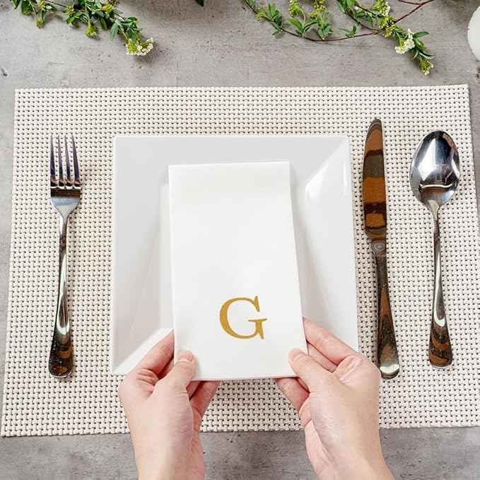 Luxenap 15.8 X 7.9 Inch Linen-Feel Guest Towels, 50 Lettered Hand Towels - Gold Letter 'G', Sans Serif Font, White Paper Dinner Napkins, airlaid, For Restrooms And Tables - Restaurantware