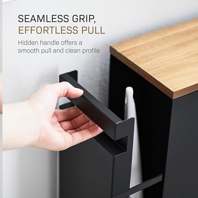 Yamazaki Home Pull-Out Bathroom Storage Cabinet – Slim Bathroom Storage Cabinet with Wood Top, Steel Organizer for Toilet Paper and Cleaning Supplies, Modern Space-Saving Design, Black - Steel + Wood