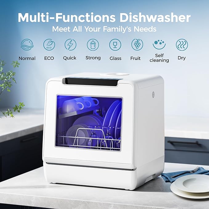 EUHOMY Countertop Dishwasher Portable with 8 Programs, 5L Built-in Water Tank, 167โ High-Temp, No Hookup Needed, Portable Dishwasher with Slef-Clean/Baby Care/Air Dry/Quick/ECO/Fruit/Normal Mode