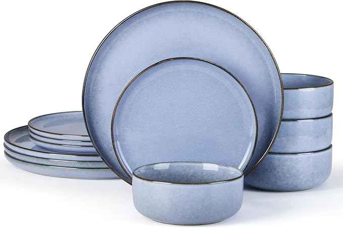 E-far 12-Piece Reactive Glaze Dinnerware Sets, Ceramic Dishes Set for 4, Stoneware Plates and Bowls Dinning Ware, Microwave & Dishwasher Safe - Ocean Blue