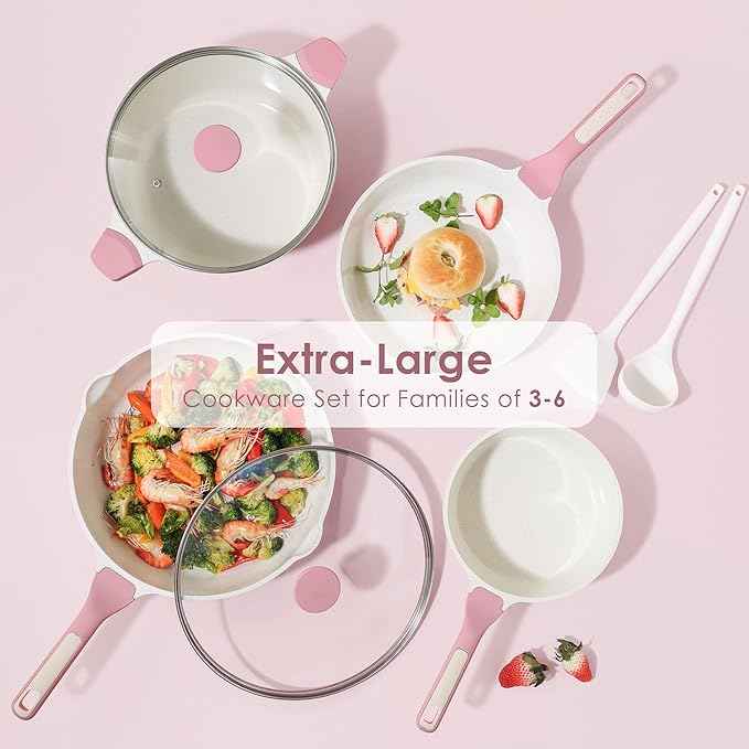 SENSARTE Nonstick Ceramic Cookware Set Large 13-Piece, Healthy Pots and Pans Set Dishwasher Safe, Non-toxic Kitchen Cooking Set with Stay-Cool Handles, Induction Compatible, PFAS Free, Pink