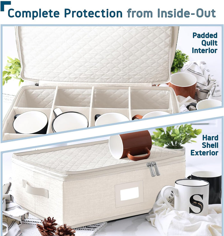 Hearth & Harbor Coffee Mug Storage, Quilted and Stackable Coffee Cup Storage Organizer for Service of 12, Mug Storage Box with Dividers, China Containers Hard Shell for Moving and Organization, Cream