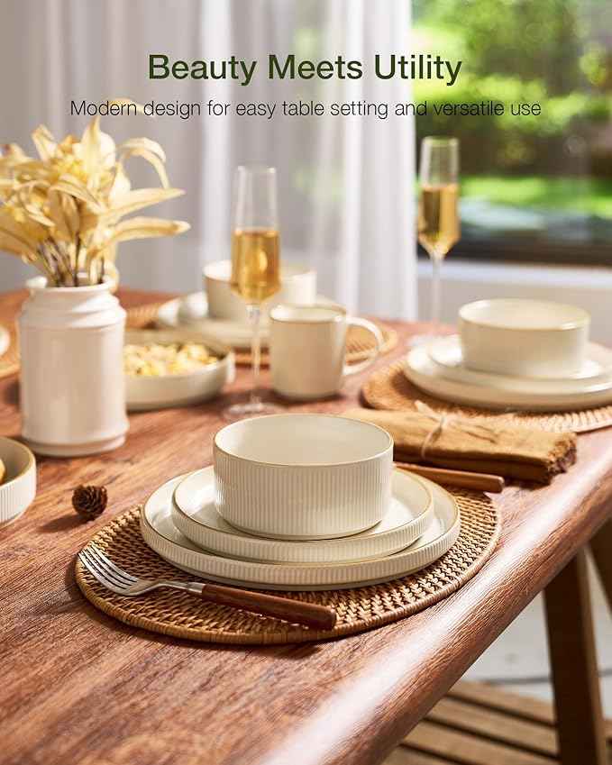 Famiware Star Dinnerware Set with Mugs, Service for 4 (16pcs), Ribbed Stoneware Plates and Bowls Dishes Sets with Trim - Chip & Scratch Resistant, Microwave & Dishwasher Safe, White