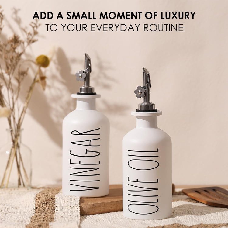 HOMCDALY Premium Olive Oil Dispenser for Kitchen, 11.8oz Glass Oil Bottles with Bamboo Tray, White Oil&Vinegar Cruet Set, Kitchen Dispenser Bottles with Pourer| Set of 2 (11.8oz –P–White)