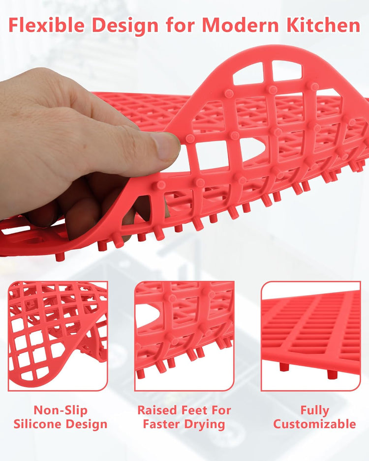 2 Pack Silicone Sink Protectors for Kitchen Sink, Lozenge Pattern 13 x 11 Inches Sink Mat, Non-Slip and Durable Sink Protector Silicone, Rear Drain, Red