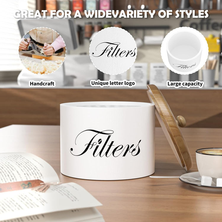 Coffee Filter Holder, Wooden Coffee Filter Storage with Lid, Round Coffee Filter Container for Counter, Rustic Farmhouse Coffee Bar Accessories Decor (White)