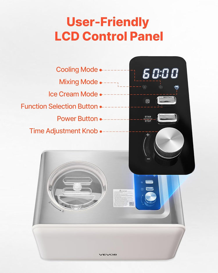 VEVOR Automatic Ice Cream Maker with Built-in Compressor, 2 Quart No Pre-freezing Gelato Maker, Stainless Steel Electric Sorbet-Maker, 3 Modes Compressor Ice Cream Machine for Home Kitchen
