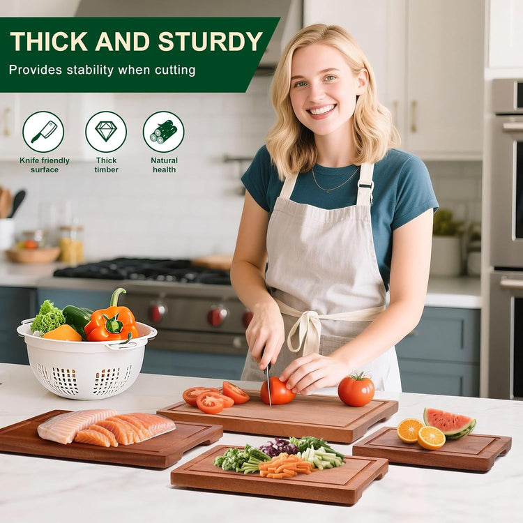 Wooden Cutting Board Set of 4 with Holder Non Toxic Solid Sapele Wood Chopping Boards for Kitchen with Juice Grooves Thick Large Cutting Board (9x7 to 16x12 In) for Meat Vegetables Cheese (Brown)
